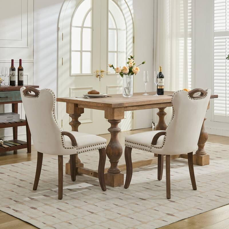 GDF Studio- Velvet Wing-Back Dining Chair with Handmade Tufted Trim & Curved Wood Legs, Set of 2