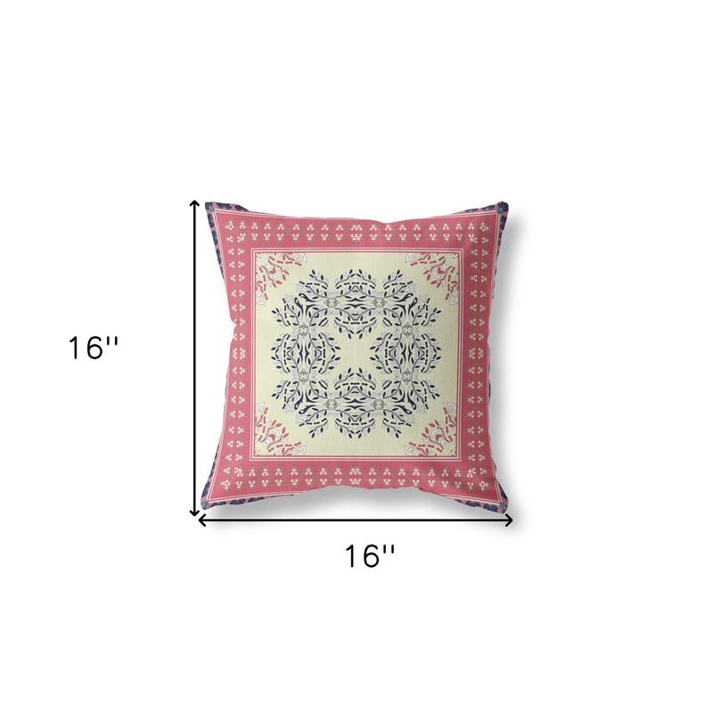 HomeRoots 16" X 16" Cream And Pink Blown Seam Floral Indoor Outdoor Throw Pillow - 16.00' X '5.00' X '16.00