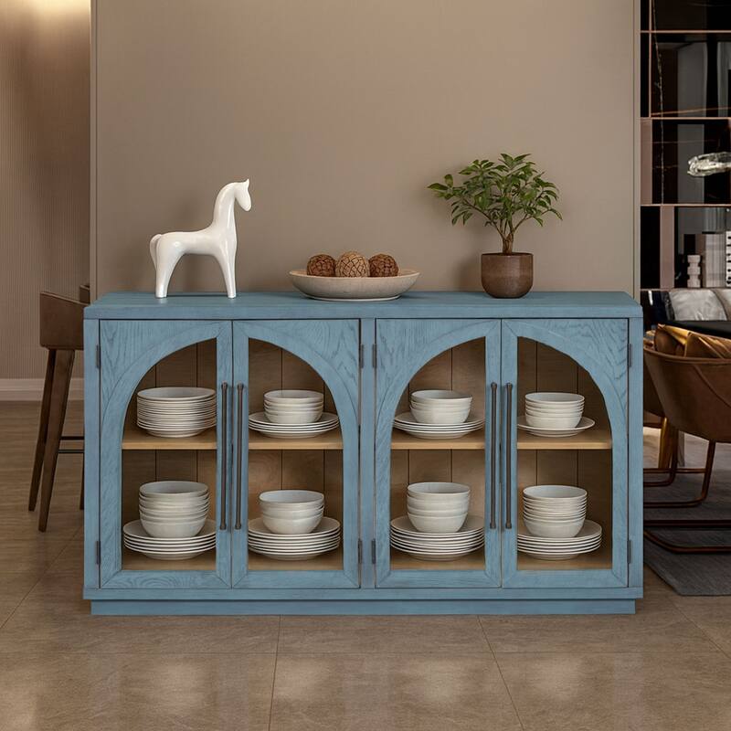 Retro Freestanding 4 Glass Door Wooden Sideboard Storage Buffet Cabinet - Navy