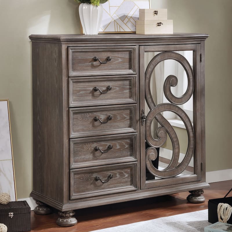 Dileep Transitional Mirrored Door 5-Drawer Armoire by Furniture of America - Rustic Natural Tone