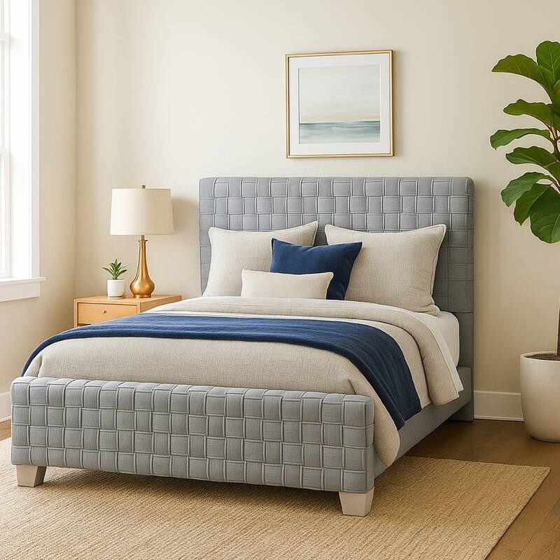 Reah Queen Size Bed, Light Teal Blue Chenille, Gray Panel Headboard