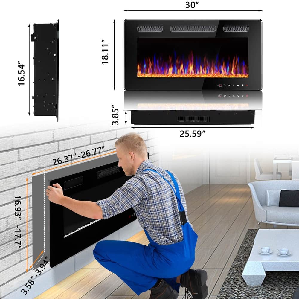 Bossin 30 to 72 inch Electric Fireplace Ultra-Thin and Silence Linear Recessed Wall Mounted Fireplace with Remote Control