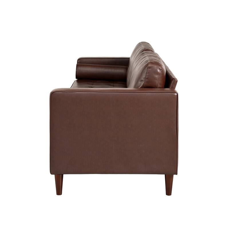 Mid-Century Modern 3-Seat Sofa, Tufted Design, Solid Wood Legs, 2 Bolster Pillows, Dark Brown PU Leather