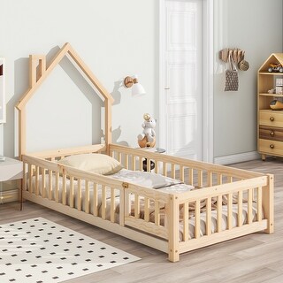 Twin Size Pine Wood House-Shaped Headboard Floor Bed with Fence for Kids, Boys and Girls