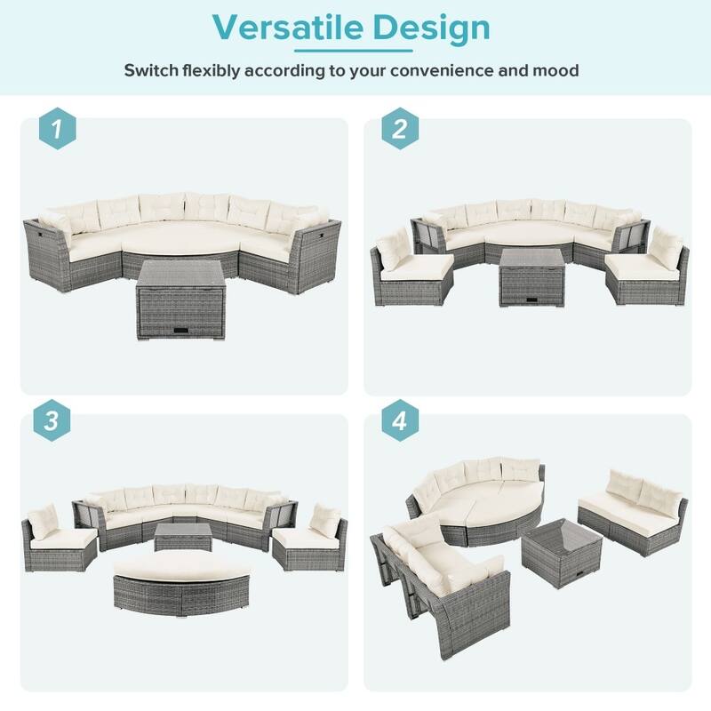 Patio Furniture Daybed Rattan Sectional Sofa Set with Cushions and Center Table