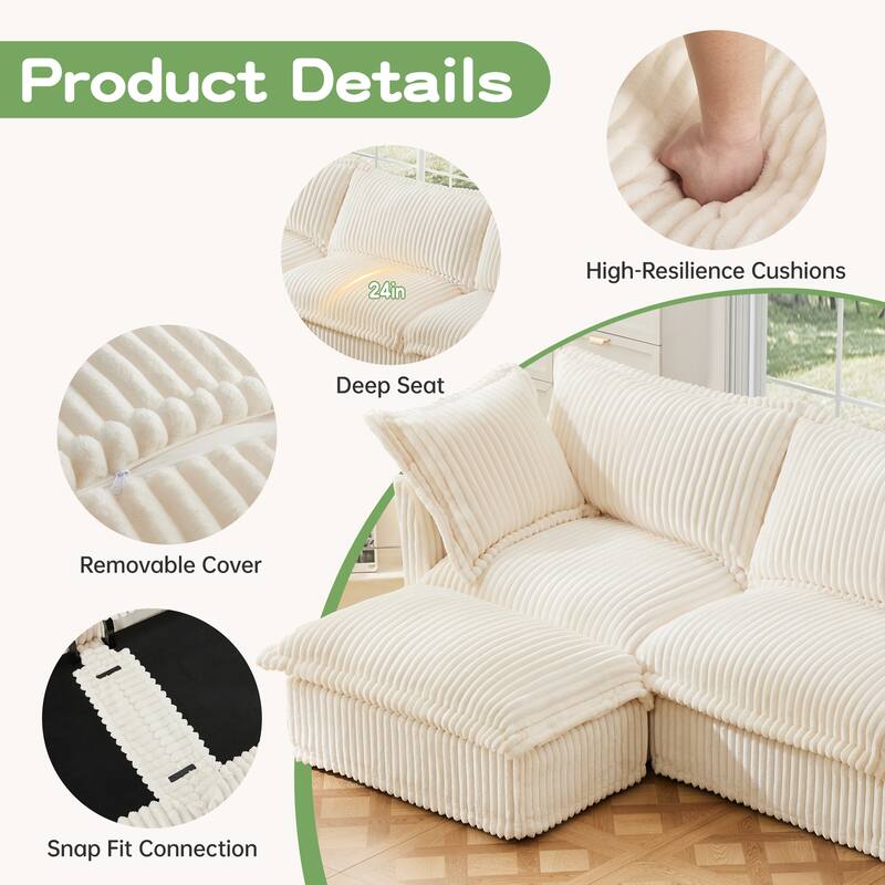 Corduroy Upholstered Armchair with Washable Covers, Deep Seat Single Couch Chair with Large Pillows, Small Space Reading Chair