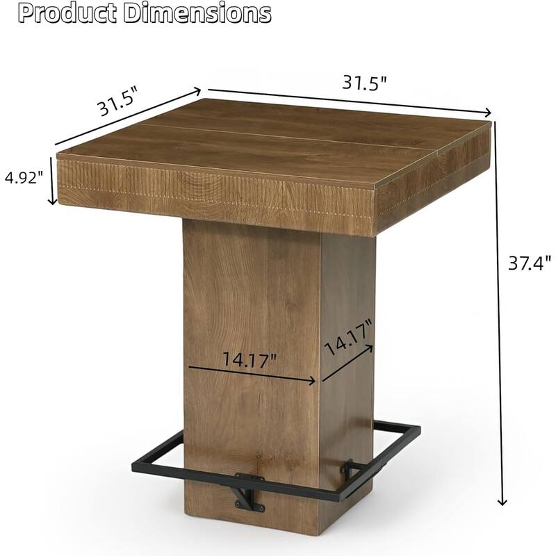 Square Bar Table, 37.4"H Wooden Bistro Pub Table with Metal Footrest for Small Bars, Kitchen Nook