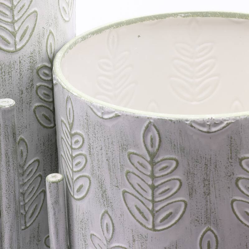 White and Sage Green Metal Leaf Cachepot Planters (Set of 2)