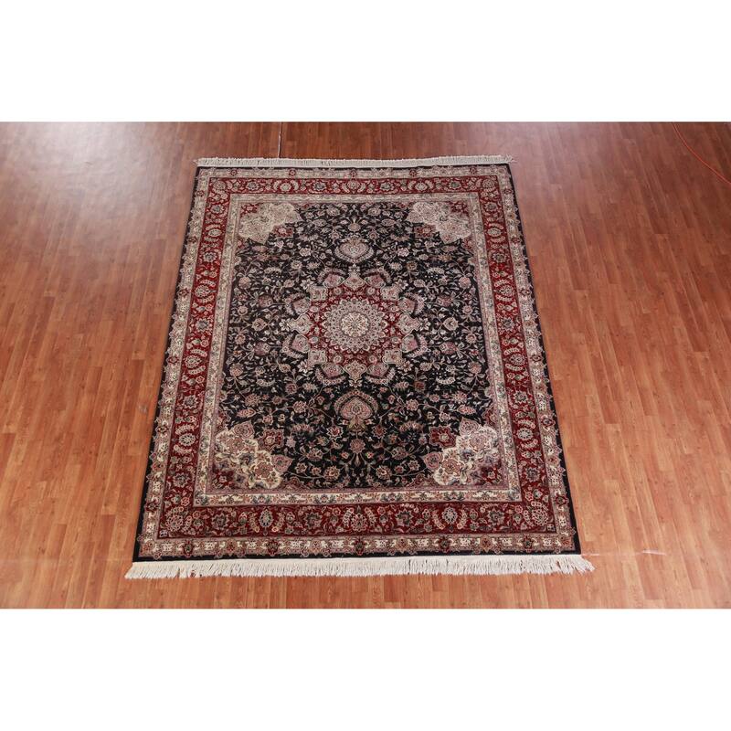 Hand Knotted Oriental Wool & Silk Carpet Traditional Floral Navy Blue & Blues Tabriz Area Rug - 9' 8'' X 7' 10''