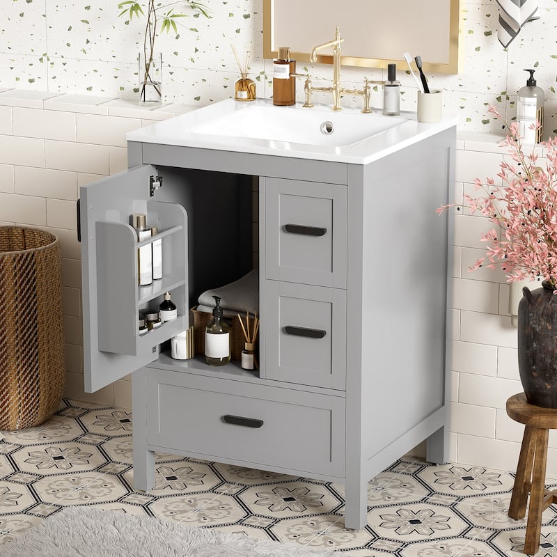 Solid Wood Frame Bathroom Vanity Cabinet with Ceramic Sink, Space-Saving 24-Inch Vanity