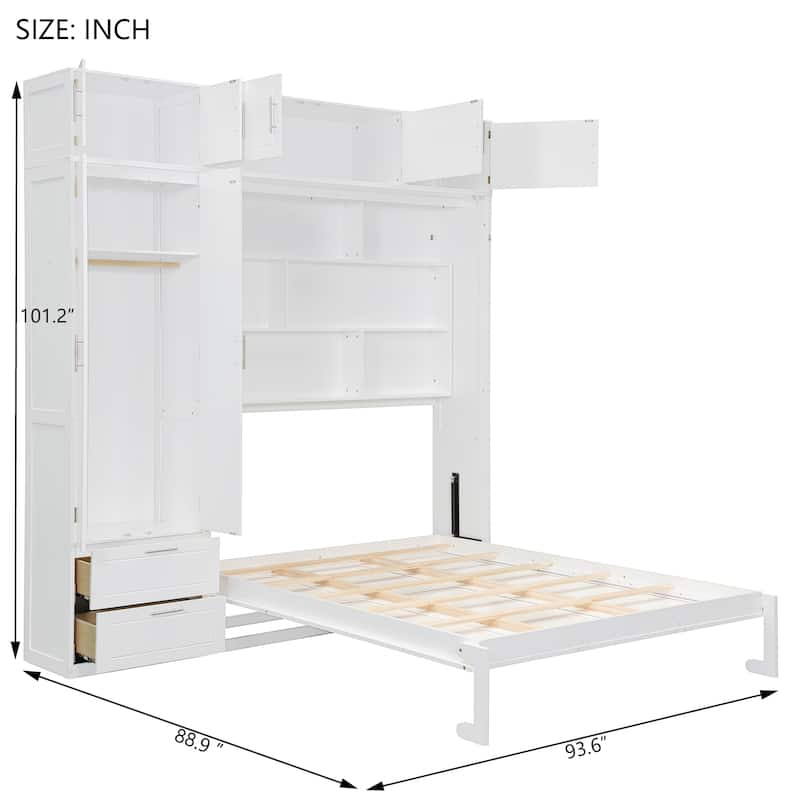 Queen Murphy Wall Bed with Top Cabinets, Shelves & Wardrobe, Space-Saving Foldable Bed with Storage