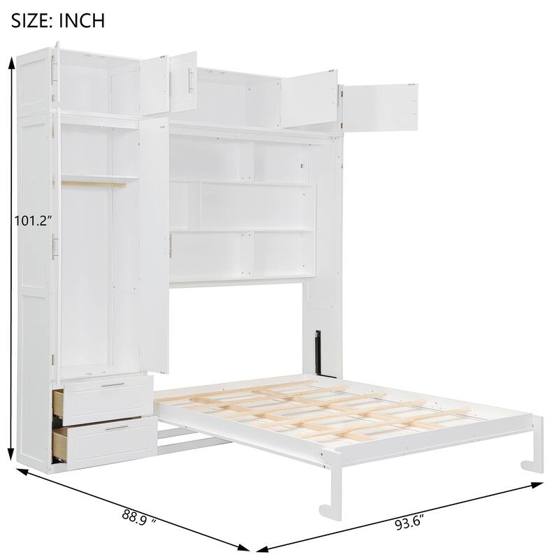 Queen Size Murphy Bed with Cabinet & Wardrobe - Space Saving Wall Bed with Shelves, Foldable Bed for Small Rooms & Home Office