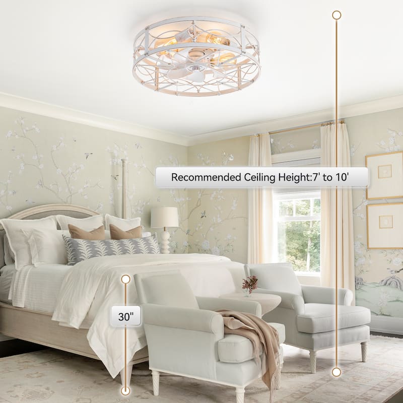 20" 7-Blade Distressed White Flush Mount Caged Ceiling Fan with Light Remote