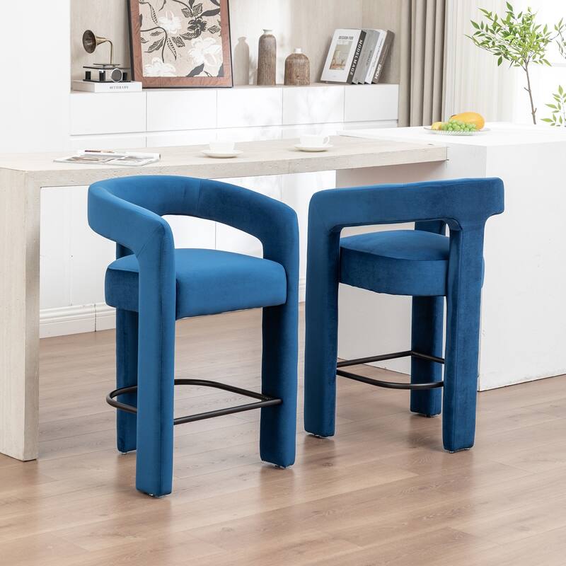 SEYNAR Modern Velvet 34.6''H Fixed Height Open-Back Bar Stool with Metal Footrest Set of 2