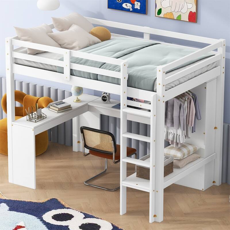 Solid Wood Loft Bed with Bulit-in L-Shaped Desk, Wardrobe and Hanging Rod, Twin/Full Size Loft Bedframe with Storage Shelves