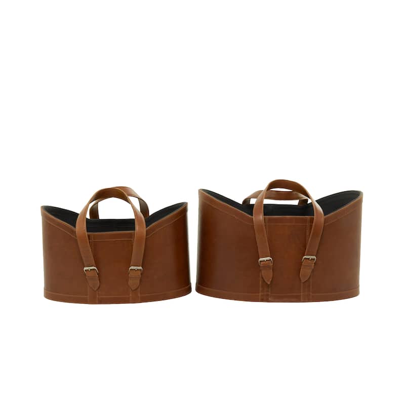 Modest Leather Handmade Storage Basket with Handles (Set of 2) - Brown or Dark Blue