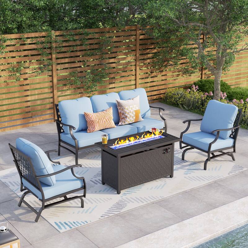 MAISON ARTS Outdoor Sofa Set 4/6-Piece Patio Conversation Set with 45'' Gas Fire Pit Table - Set 3 - Blue