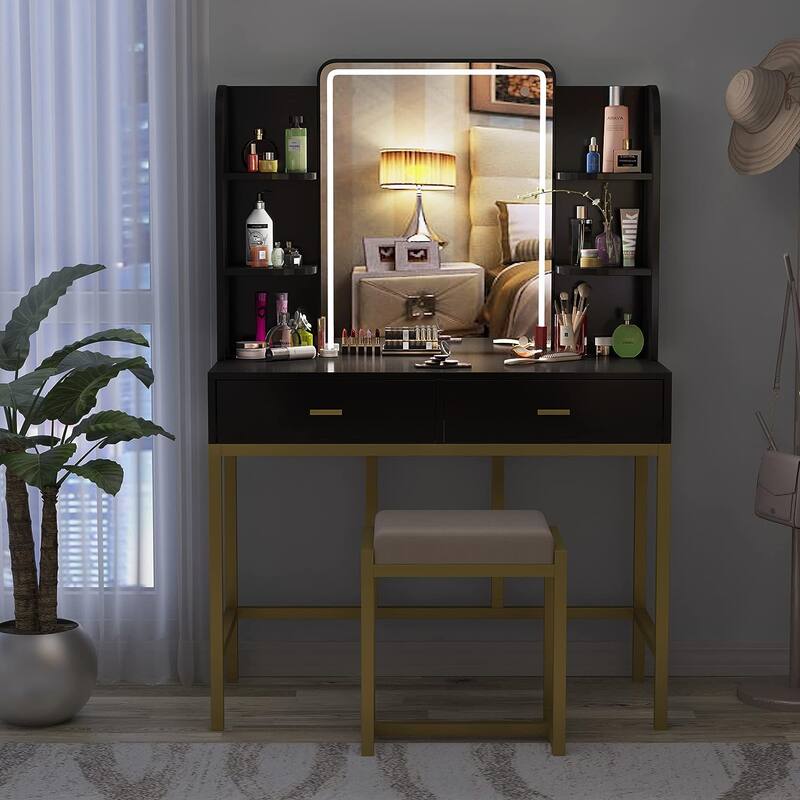 Makeup Vanity Dressing Table with LED Lights, Storage Shelves, Cushioned Stool & 2 Drawers