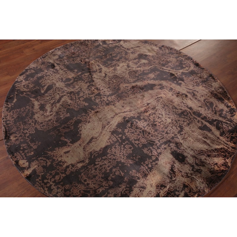 Contemporary Brown Abstract Round Rug Handmade Wool Carpet - 5'2" X 5'0"