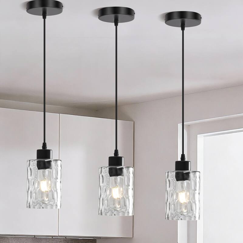 1-Light Kitchen Island Textured Clear Glass Pendant - Matte Black - 3 Pack