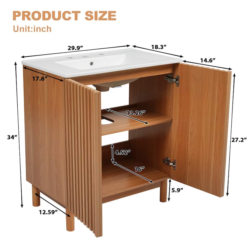 29.9" Traditional Bathroom Vanity with Ceramic Sink, Solid Wood Legs, Soft-Close Doors & Adjustable U-Shaped Shelf