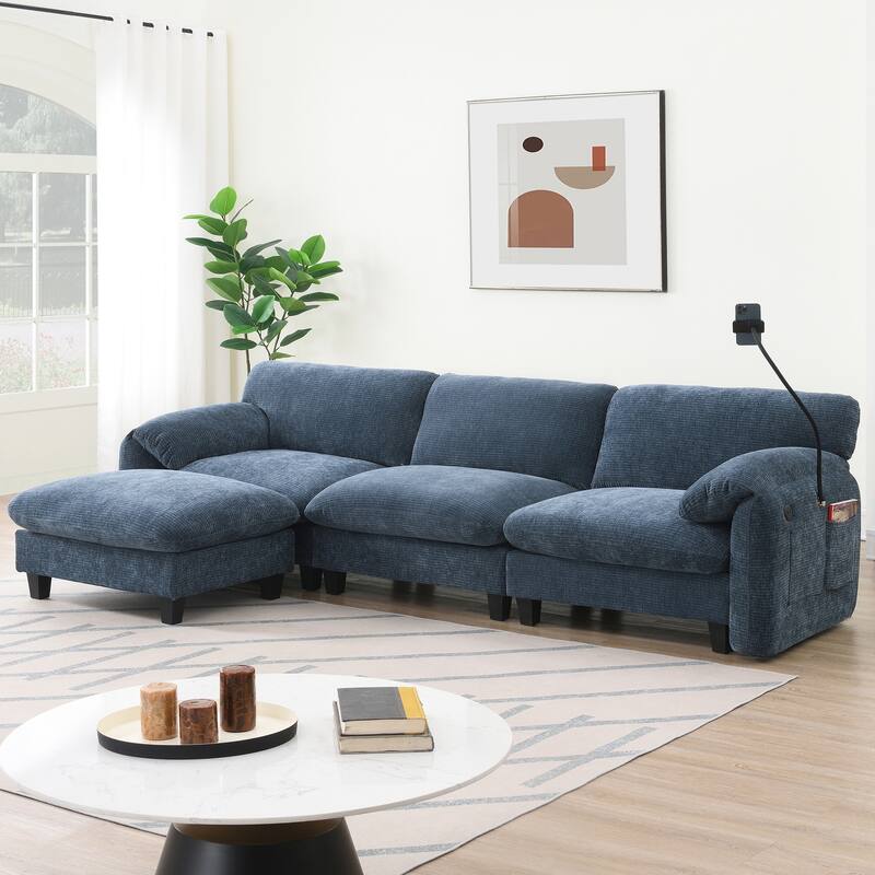 L-Shaped Sectional Sofa w/ USB, Type-C Charger, 2 Side Storage Pockets