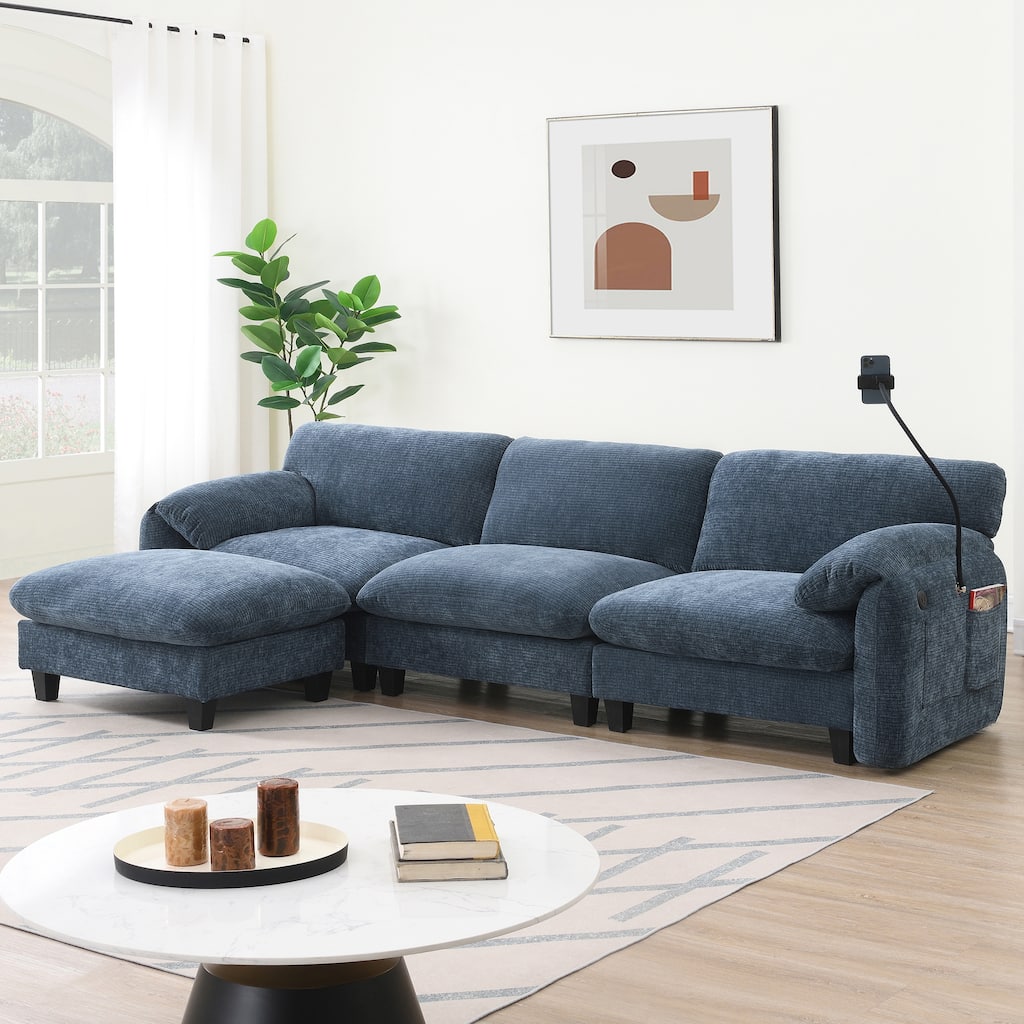 Striped Chenille Modular Sectional Sofa Set with Movable Ottoman, Phone Holder, Dual-Port Charging, 2 Side Storage Pockets