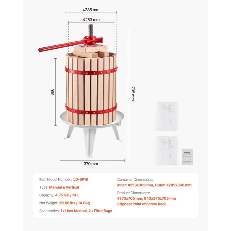 Natural Beech Wood Manual Fruit Wine Press for Fresh Juice Olive Oil and Cheese Extraction