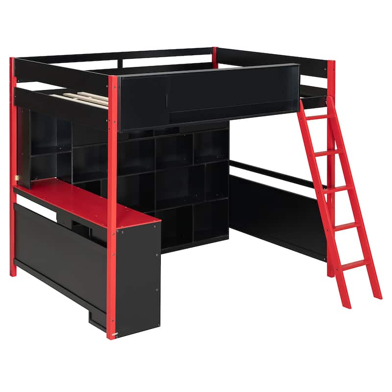 Full Size Gaming Loft Bed with Desk Full Wall Storage Shelf and 3 Drawers Storage Guardrail with Adjustable Door for Gaming Room