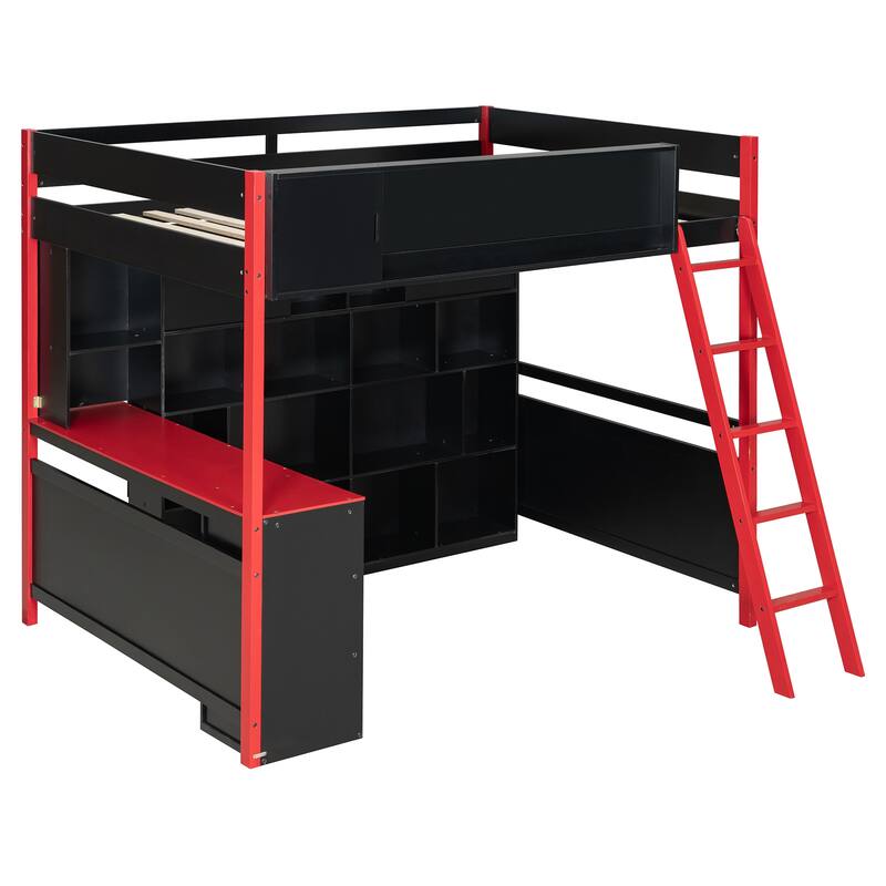 RGB Gaming Loft Bed with Desk, Light Strip, Display Wall, Storage Shelves, Sliding Access Door and Drawers, No Box Spring Needed