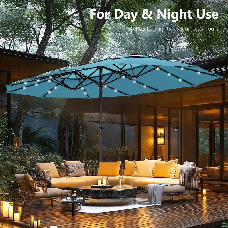 MAISON ARTS 15ft 2-Tier Large Patio Umbrella with Solar Lights, Double-Sided Outdoor Market Umbrellas with Base Included