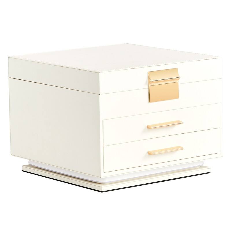 FCH with Tri-color Mirror Light 2 Drawers Bottom with Ambient Monochrome Strip White Cabinet Pink Velvet Jewelry Box - White