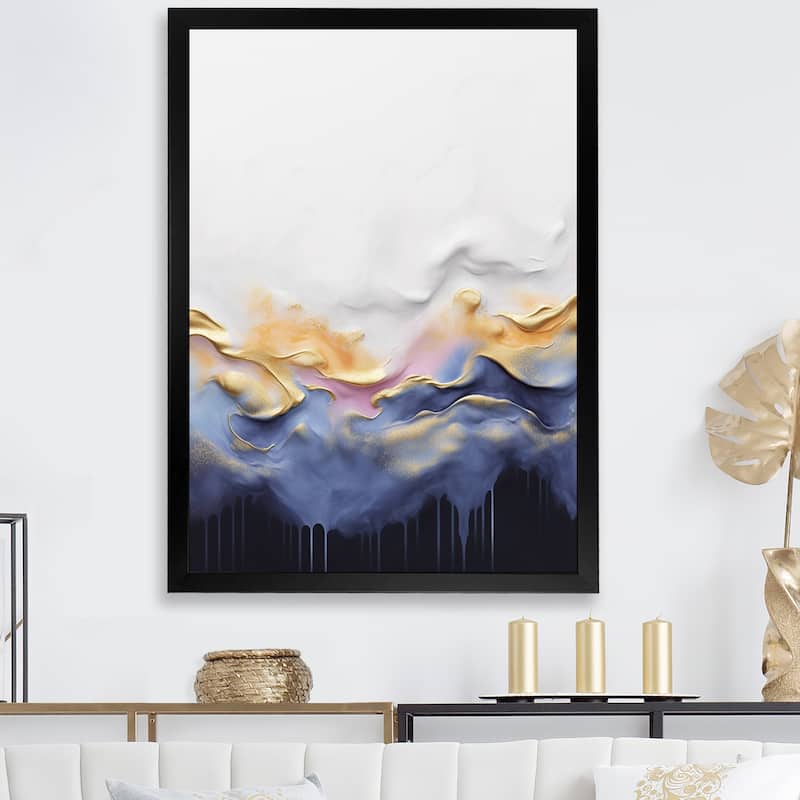 Designart "Abstract Blue And Yellow Marble Waterfall I" Abstract Liquid Ink Blue - Modern Entryway Framed Wall Art - 24 in. wide x 32 in. high - Black