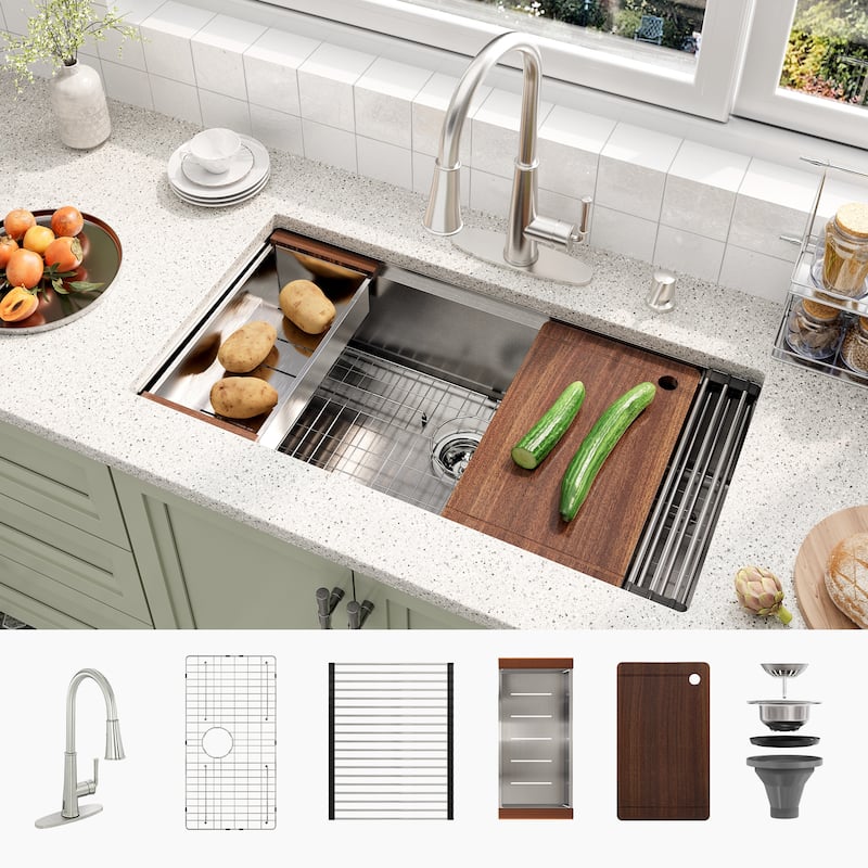 Undermount Nano Brushed Stainless Steel Workstation Kitchen Sink with Sensor-Activated Kitchen Faucet and Accessories