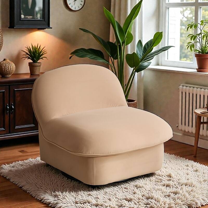 Swivel Accent Chair with 360 Degree Metal Base, Velvet Upholstered Pumpkin Chair for Living Room Bedroom - Khaki