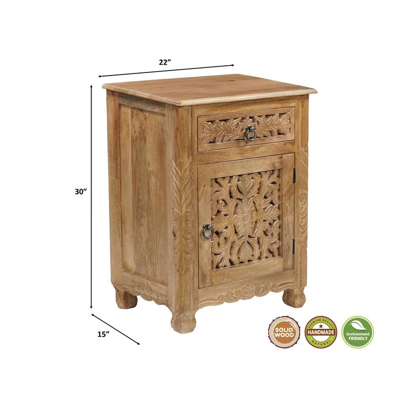 Florence Floral Solid Mango Wood 1-Drawer Nightstand with Cabinet Storage Assembled
