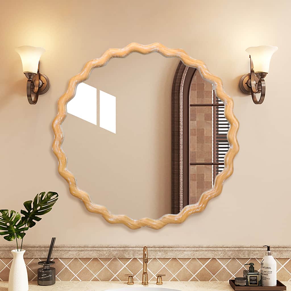 27.5 Inches Round Wavy Wall Mirror For Bathroom Vanity,Wooden Farmhouse Circle Mirrors
