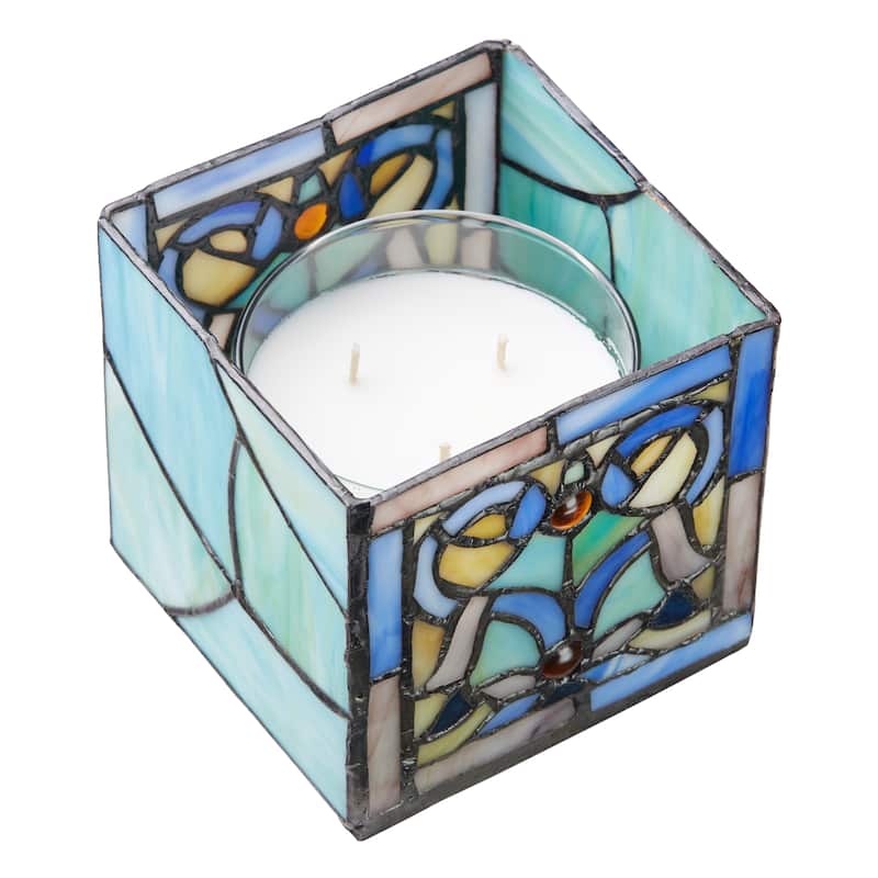 River of Goods 4.75-Inch Blue Flourishes Stained Glass Candle Holder - 4.75" x 4.75" x 4.75"