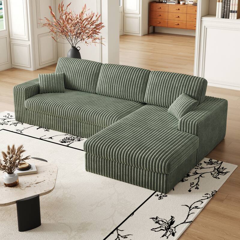 Corduroy Sleeper Sofa Bed L-shaped Sectional Sofa with Chaise, Living Room 2-in-1 Convertible Couch with Detachable Neck Pillows