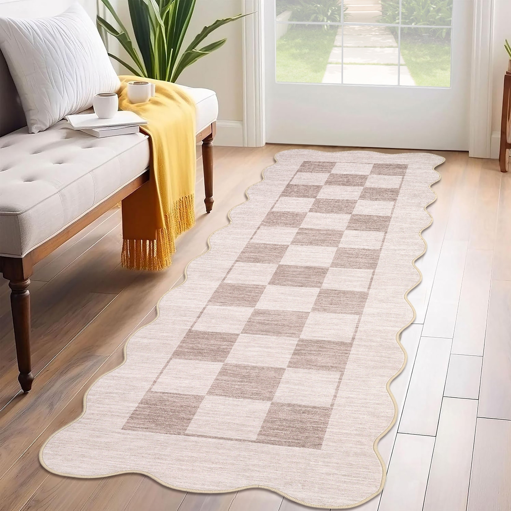 Modern Geometric Area Rug Scalloped Edge Washable Rugs for Living Room Bedroom Soft Foldable Farmhouse Carpet