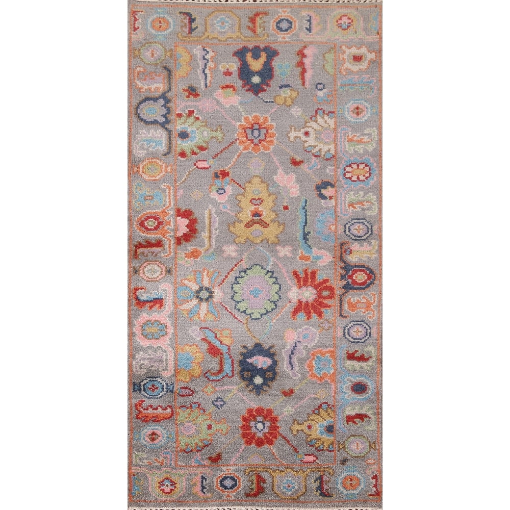 Grey Transitional Floral Oushak Accent Rug Hand-Knotted Wool Carpet - 2'7"x 5'11"