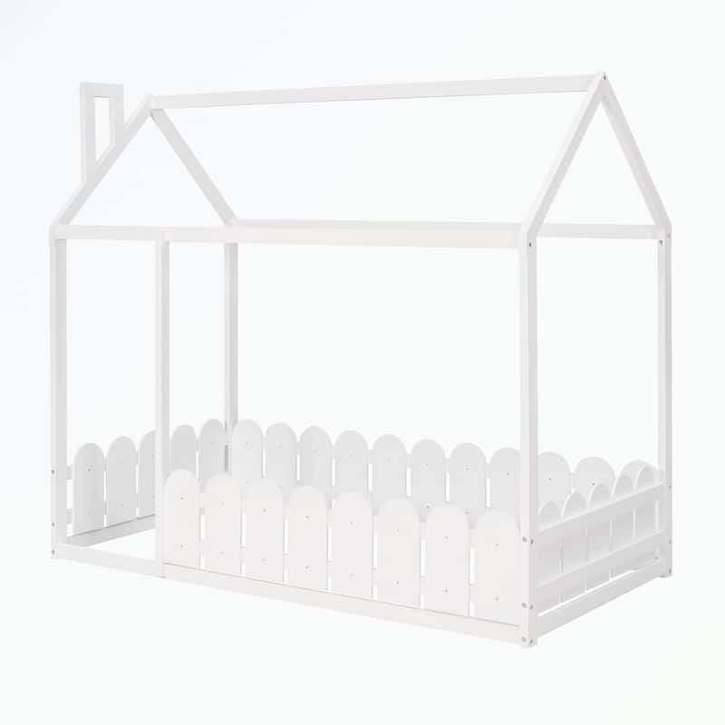 Twin Size Wood Bed House Bed Frame with Fence