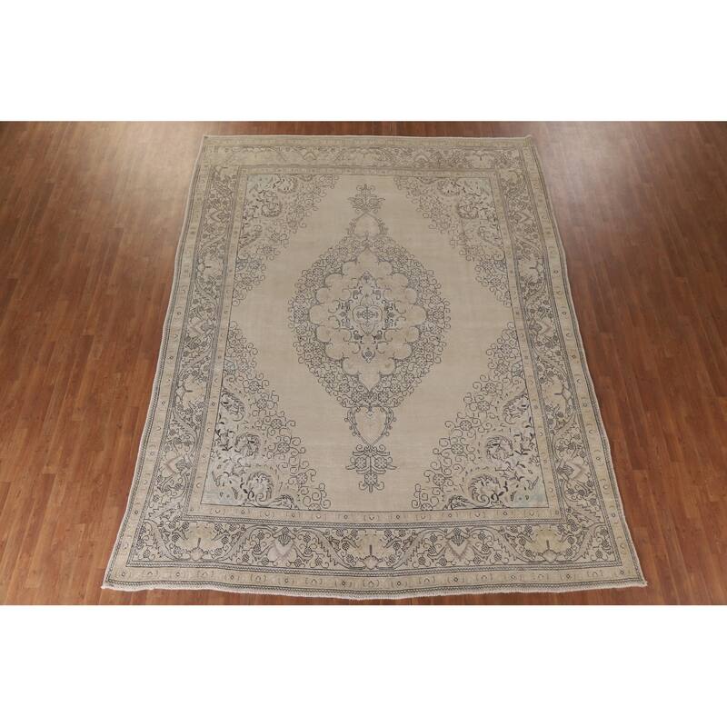 Hand Knotted Oriental 100% Wool Carpet Traditional Floral Beige & Ivories Tabriz Area Rug - 12' 4'' X 9' 4''