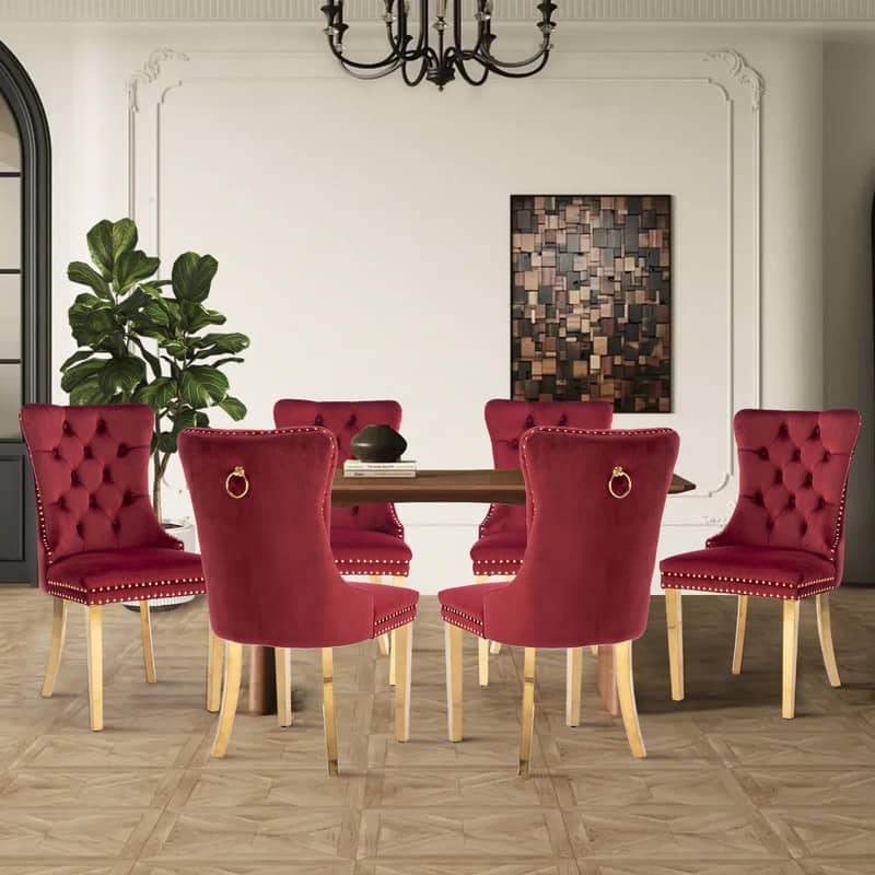 Tufted Naliheads Solid Wood Upholstered Dining Chairs Set of 6 - Burgundy GoldLegs