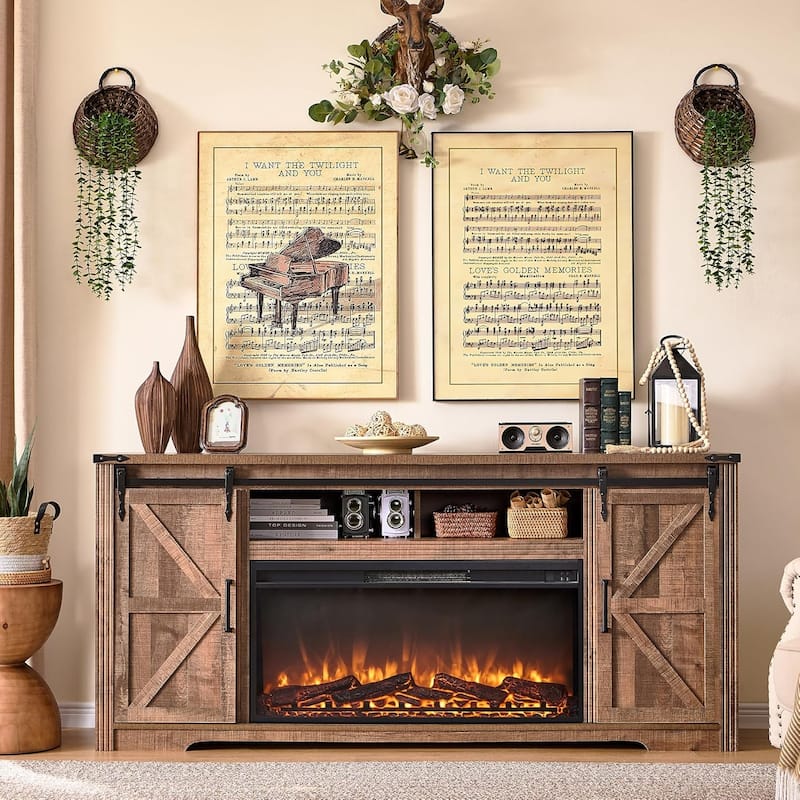 Farmhouse Fireplace TV Stand For 80 Inch TVs, Entertainment Center