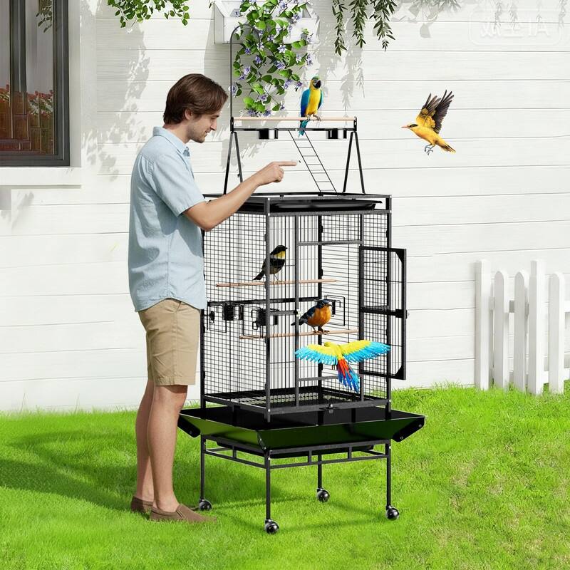 68in Wrought Iron Bird Cage with Playtop, Large Flight Cage with 5 Feeders & Ladder & Rolling Stand, for Small/Medium Birds - Black