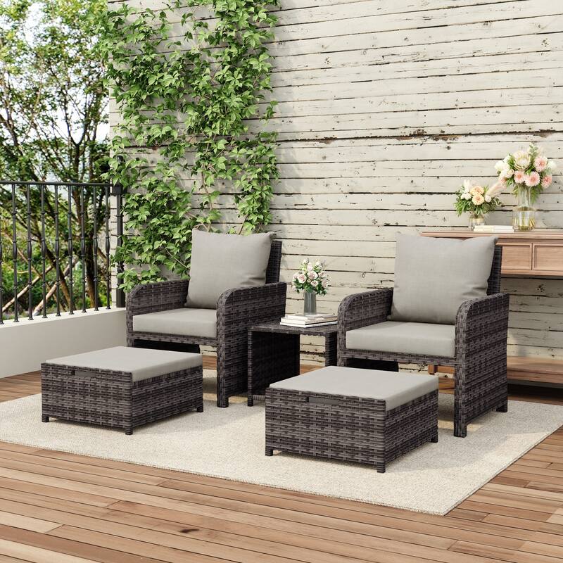Patio 5 Pieces Rattan Cushioned Conversation Set With Ottoman Coffee Table - Brown/Grey