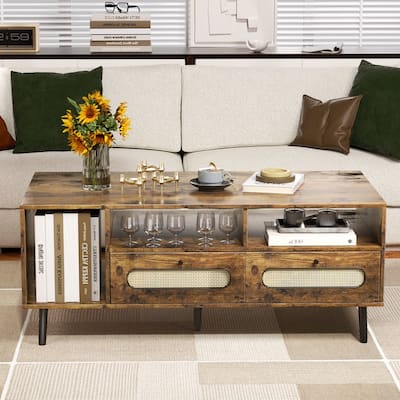 Mixoy Coffee Table, Mid Century Modern Coffee Table with 3 Open Shelves and 2 Storage Cabinets for Living Room - 47in*24in*20in