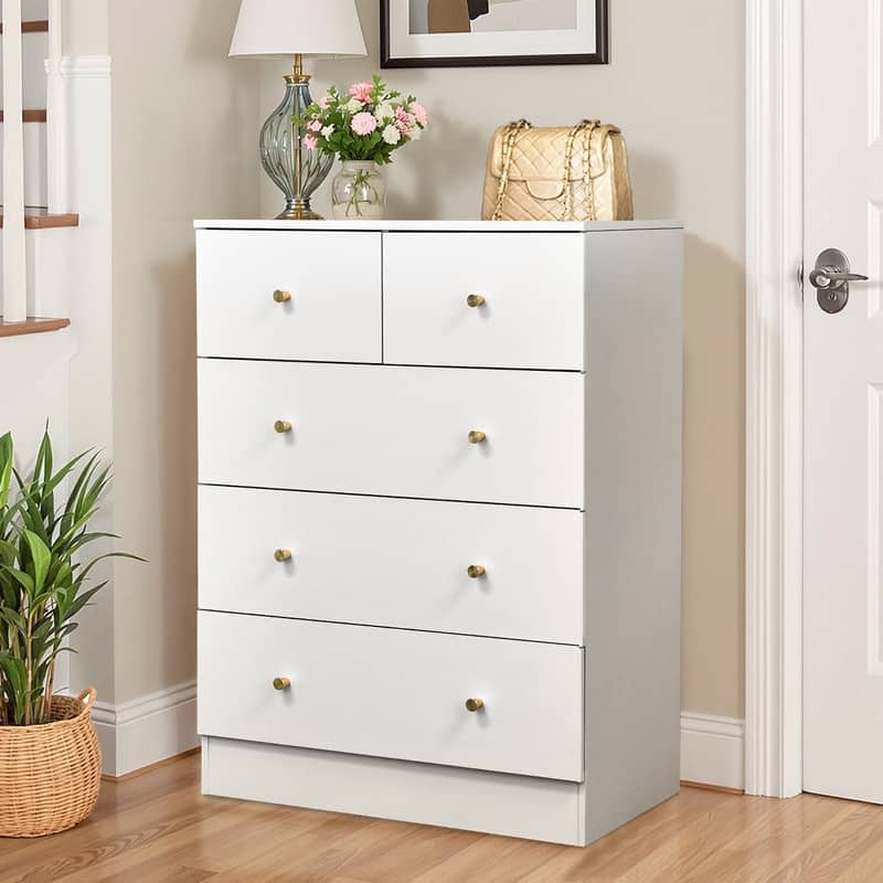 5-Drawer Dresser For Bedroom And Chest Of Drawers With Sturdy Construction Wood Storage Organizer For Closet - White