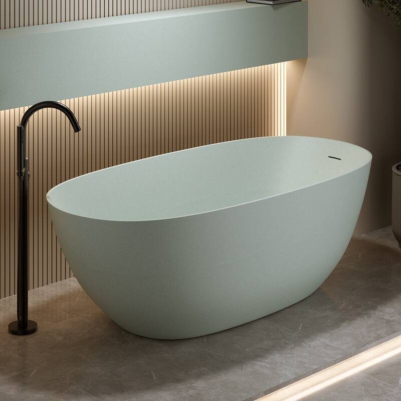 Luxury Solid Surface Freestanding Soaking Bathtub with Center Drain and Pop-up Drain, Modern Beige Tub with Overflow